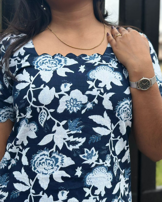 Deep Blue Petals Kurti Set